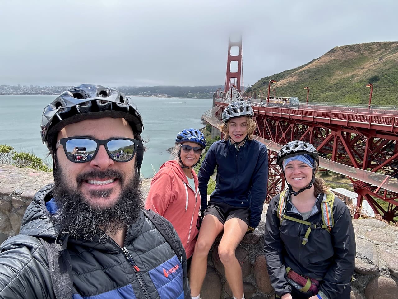 Finishing our ride across the Golden Gate Bridge, part way through a trek from San Francisco to Sausalito